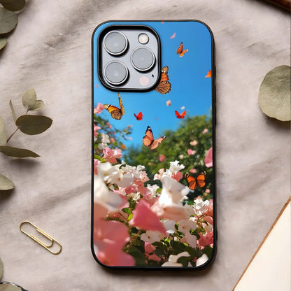 Butterflies in Bloom Sky Glass Case showing full back design in clean flat view with airy butterfly florals and glossy glass finish.
