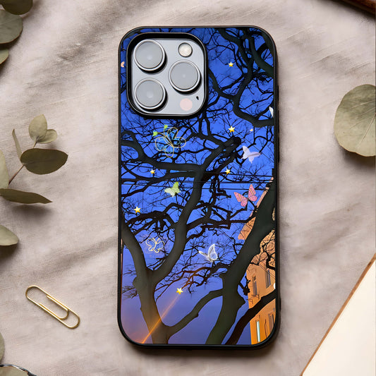 Butterfly Night Magic Glass Case showing full back design in clean flat view with nocturnal tones and glossy glass finish.
