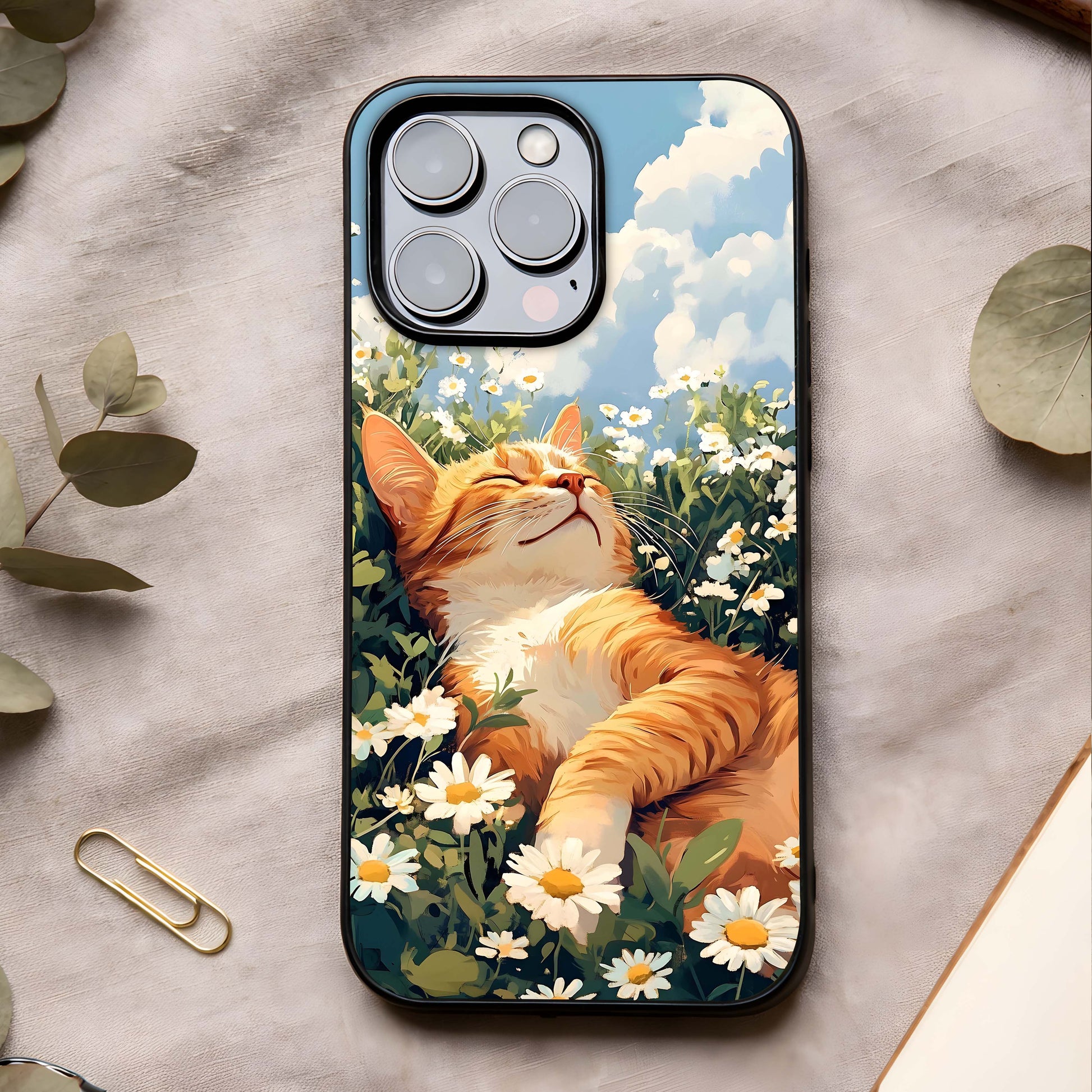 Cat & Flowers View Glass Case showing full back design in clean flat view with cozy illustration and glossy glass finish.