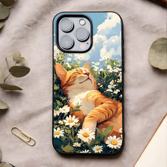 Cat & Flowers View Glass Case showing full back design in clean flat view with cozy illustration and glossy glass finish.