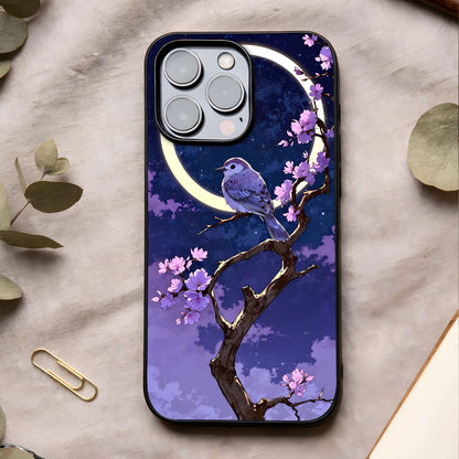 Celestial Bird Blossom Glass Case showing full back design in clean flat view with cosmic bird florals and glossy glass finish.