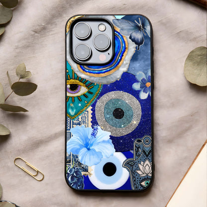 Celestial Blue Vision Glass Case showing full back design in clean flat view with cosmic blue tones and glossy glass finish.