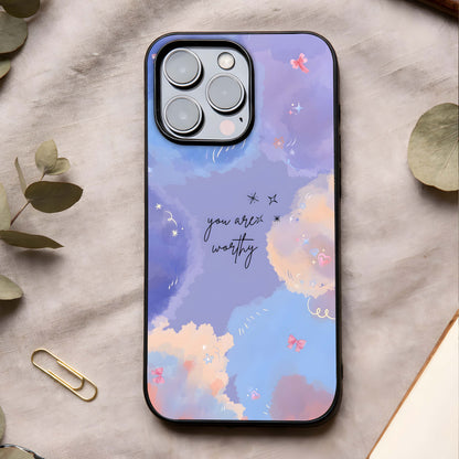 Celestial Cloud Magic Glass Case showing full back design in clean flat view with dreamy cloud art and glossy glass finish.