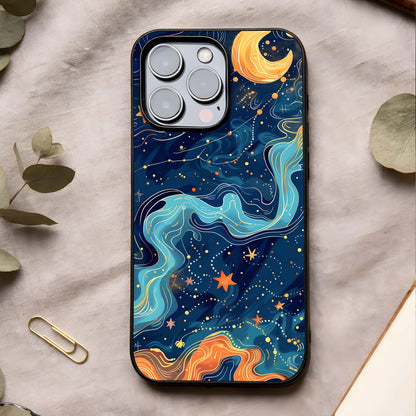 Celestial Dream Flow Glass Case showing full back design in clean flat view with flowing celestial art and glossy glass finish.