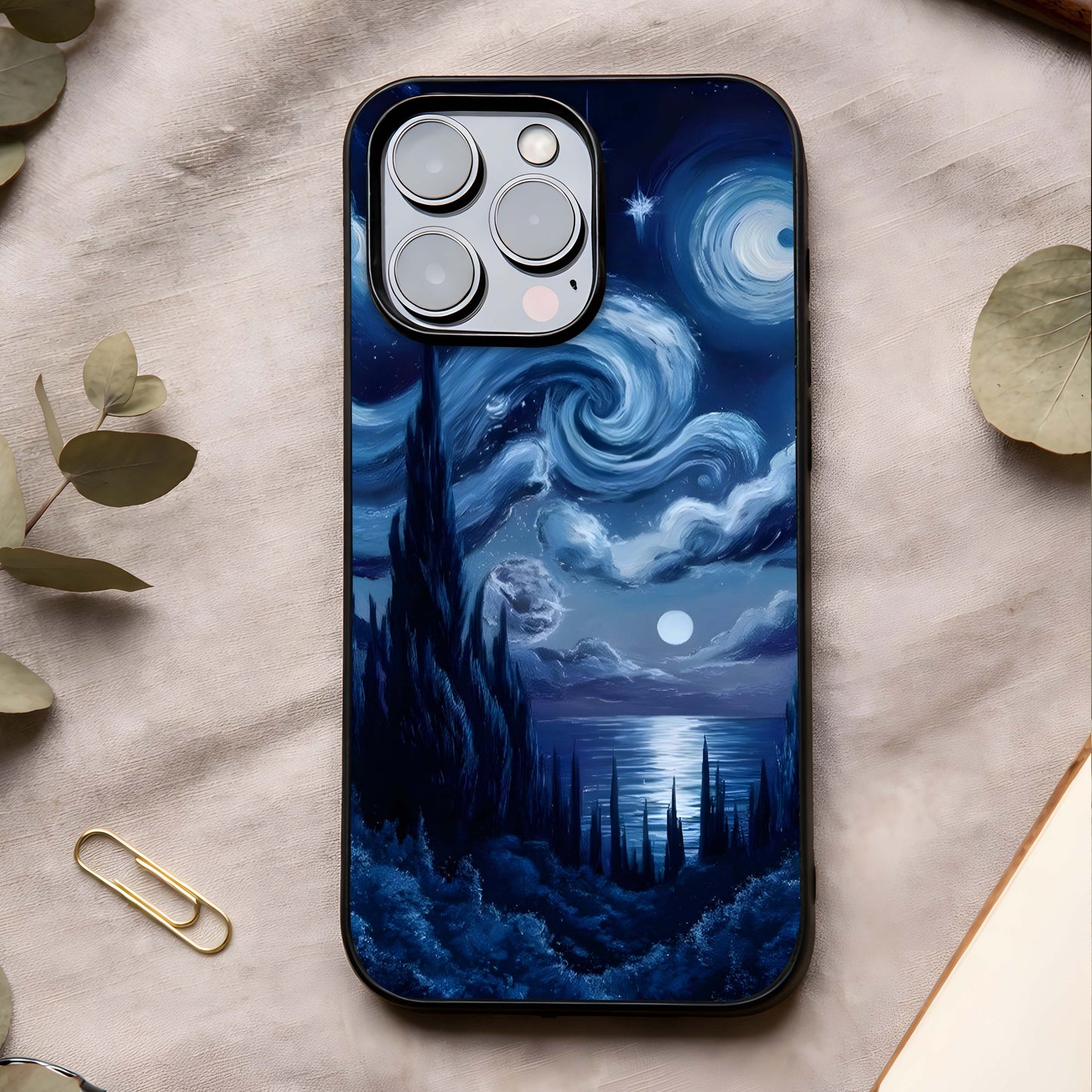 Celestial Dream Van Gogh Glass Case showing full back design in clean flat view with artistic brush textures and glossy glass finish.