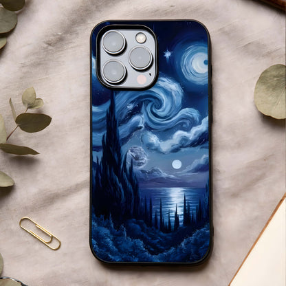 Celestial Dream Van Gogh Glass Case showing full back design in clean flat view with artistic brush textures and glossy glass finish.