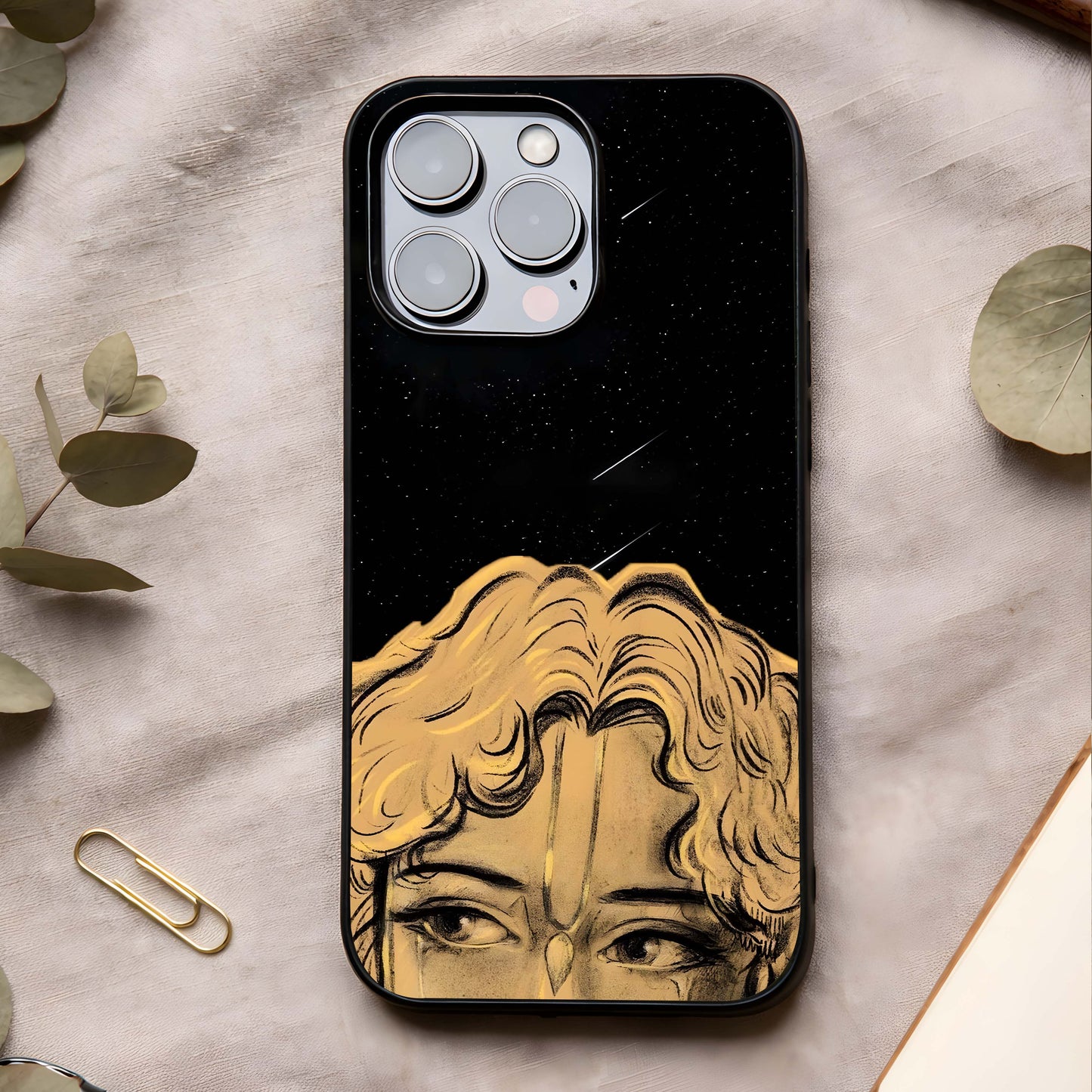 Celestial God's Plan Glass Case showing full back design in clean flat view with spiritual celestial symbols and glossy glass finish.