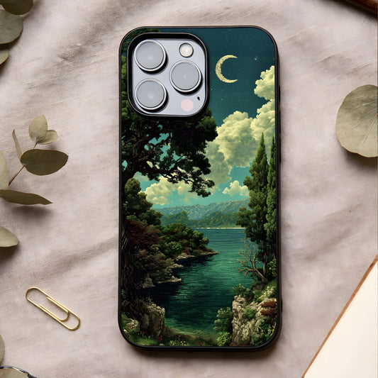 Celestial Lake Peace Glass Case showing full back design in clean flat view with calm lake scenery and glossy glass finish.