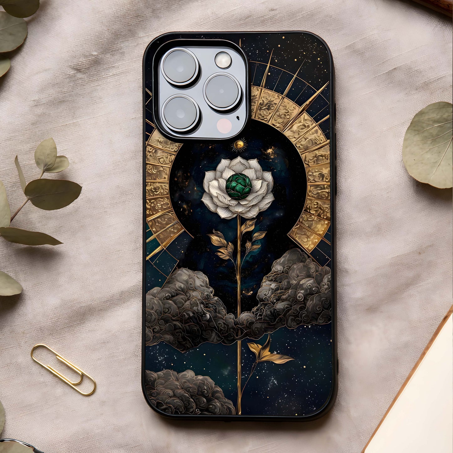 Celestial Lotus Morang Glass Case showing full back design in clean flat view with lotus symbolism and glossy glass finish.