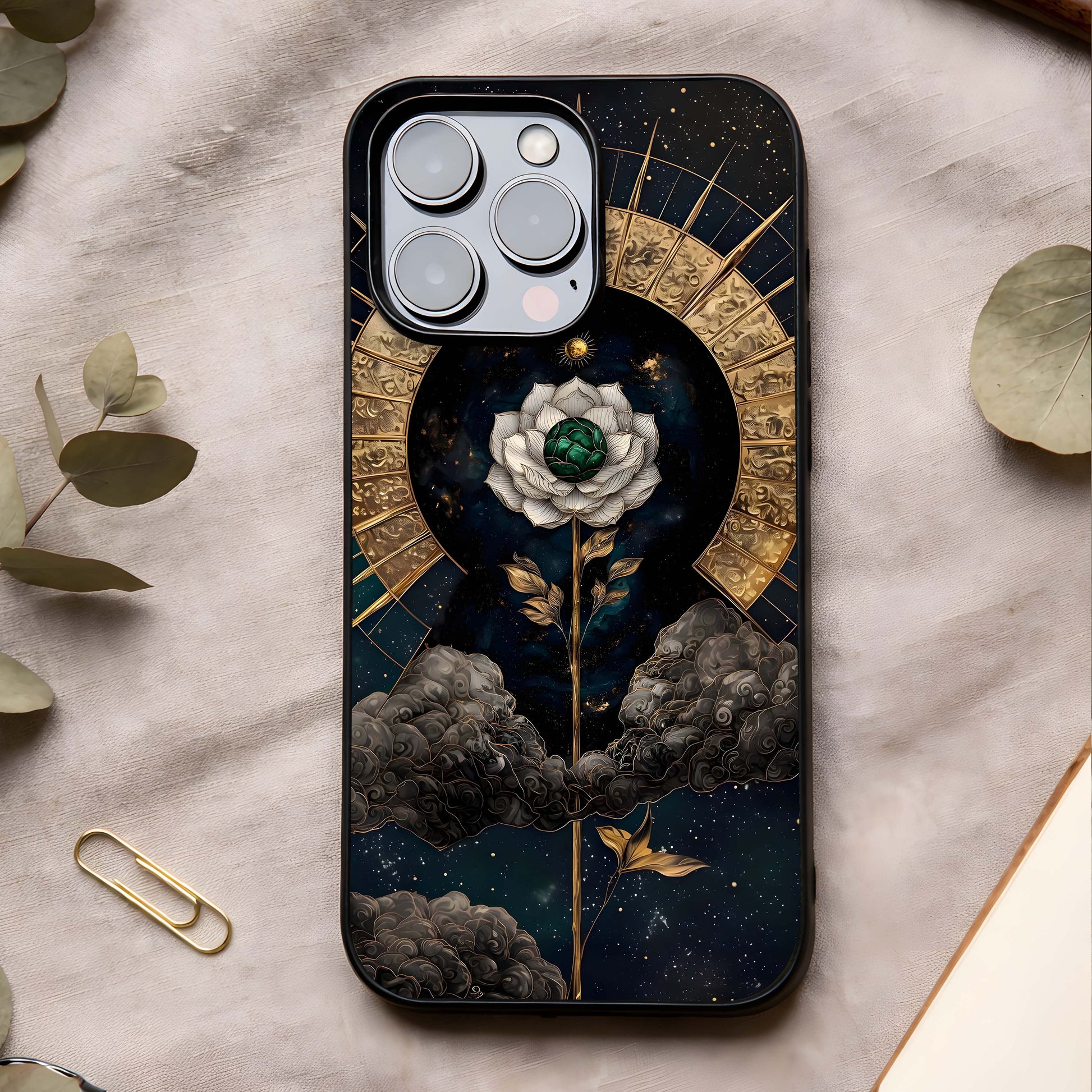 Celestial Lotus Morang Glass Case showing full back design in clean flat view with lotus symbolism and glossy glass finish.