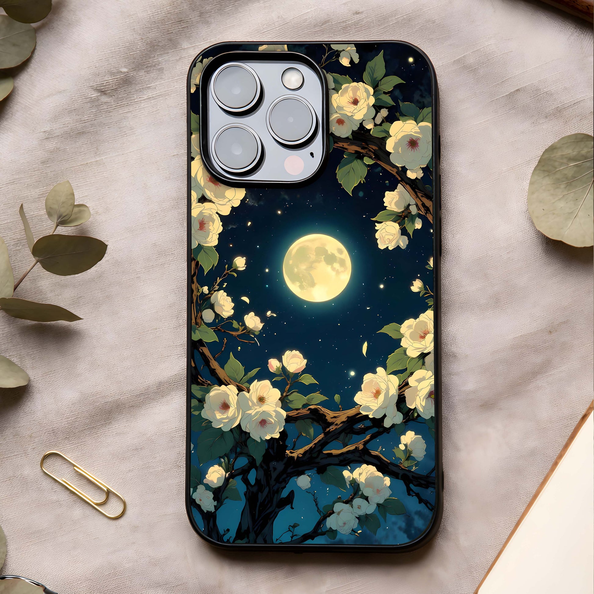 Celestial Moon & Flower Glass Case showing full back design in clean flat view with lunar florals and glossy glass finish.
