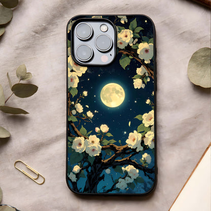 Celestial Moon & Flower Glass Case showing full back design in clean flat view with lunar florals and glossy glass finish.
