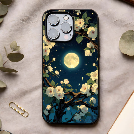 Celestial Moon & Flower Glass Case showing full back design in clean flat view with lunar florals and glossy glass finish.
