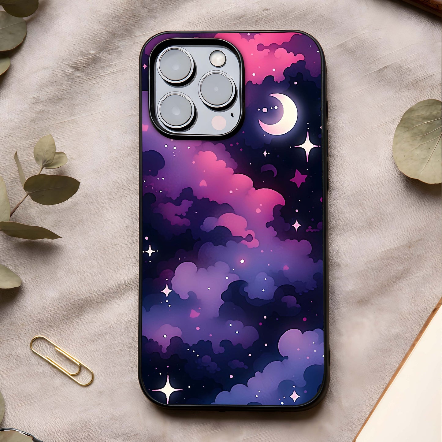 Celestial Moon Magic Glass Case showing full back design in clean flat view with mystical lunar art and glossy glass finish.