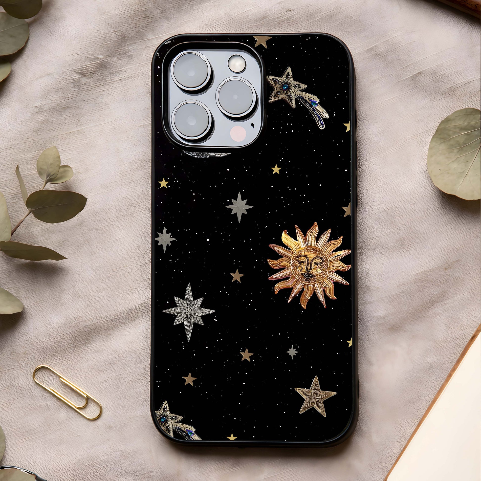 Celestial Moon With Stars Glass Case showing full back design in clean flat view with starry lunar art and glossy glass finish.