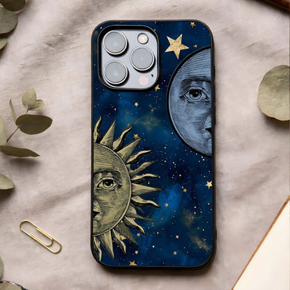 Celestial Moon With Sun Glass Case showing full back design in clean flat view with balanced solar-lunar art and glossy glass finish.