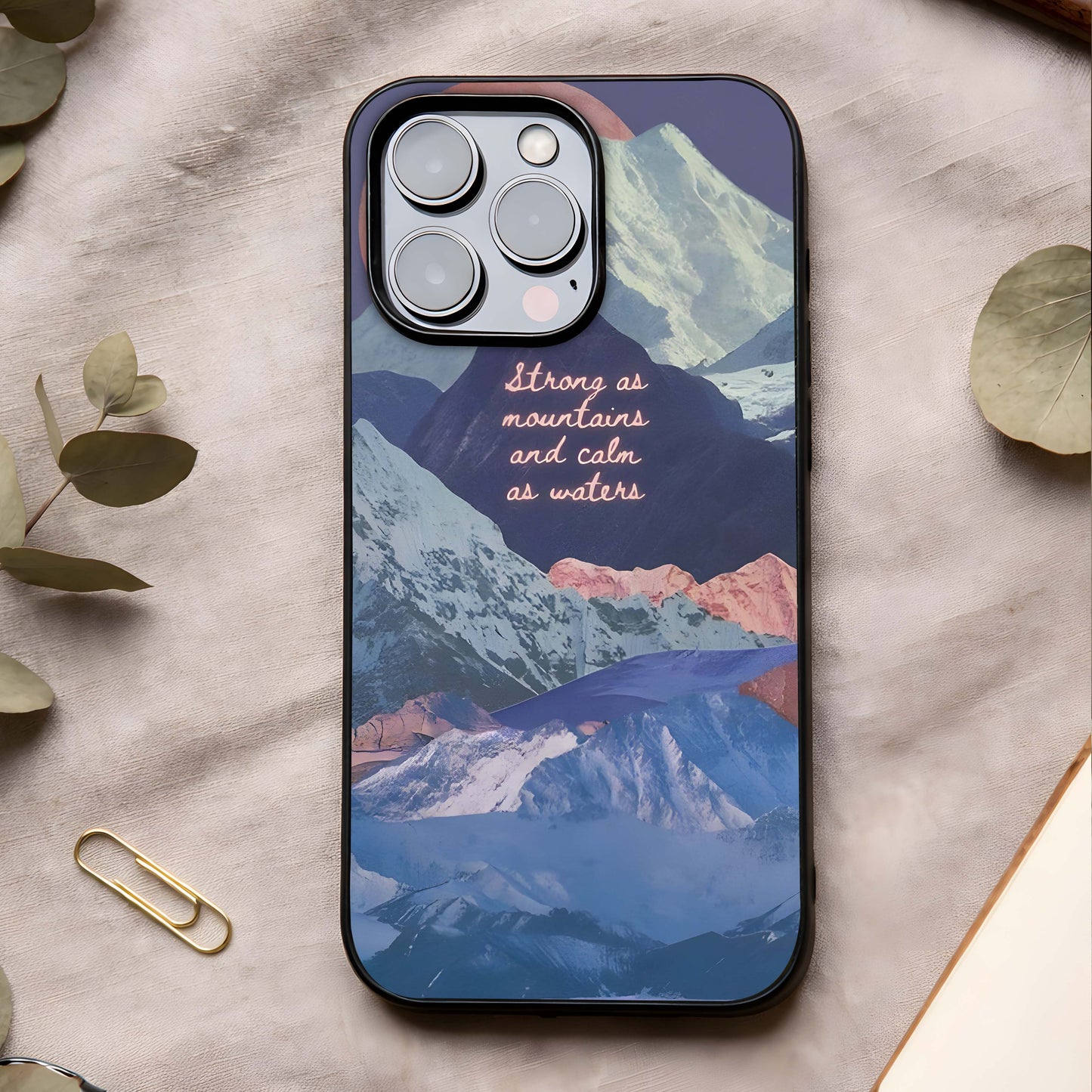 Celestial Mountain Calm Glass Case showing full back design in clean flat view with serene mountain scenery and glossy glass finish.