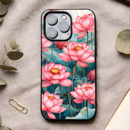 Celestial Pink Lotus Glass Case showing full back design in clean flat view with graceful lotus art and glossy glass finish.