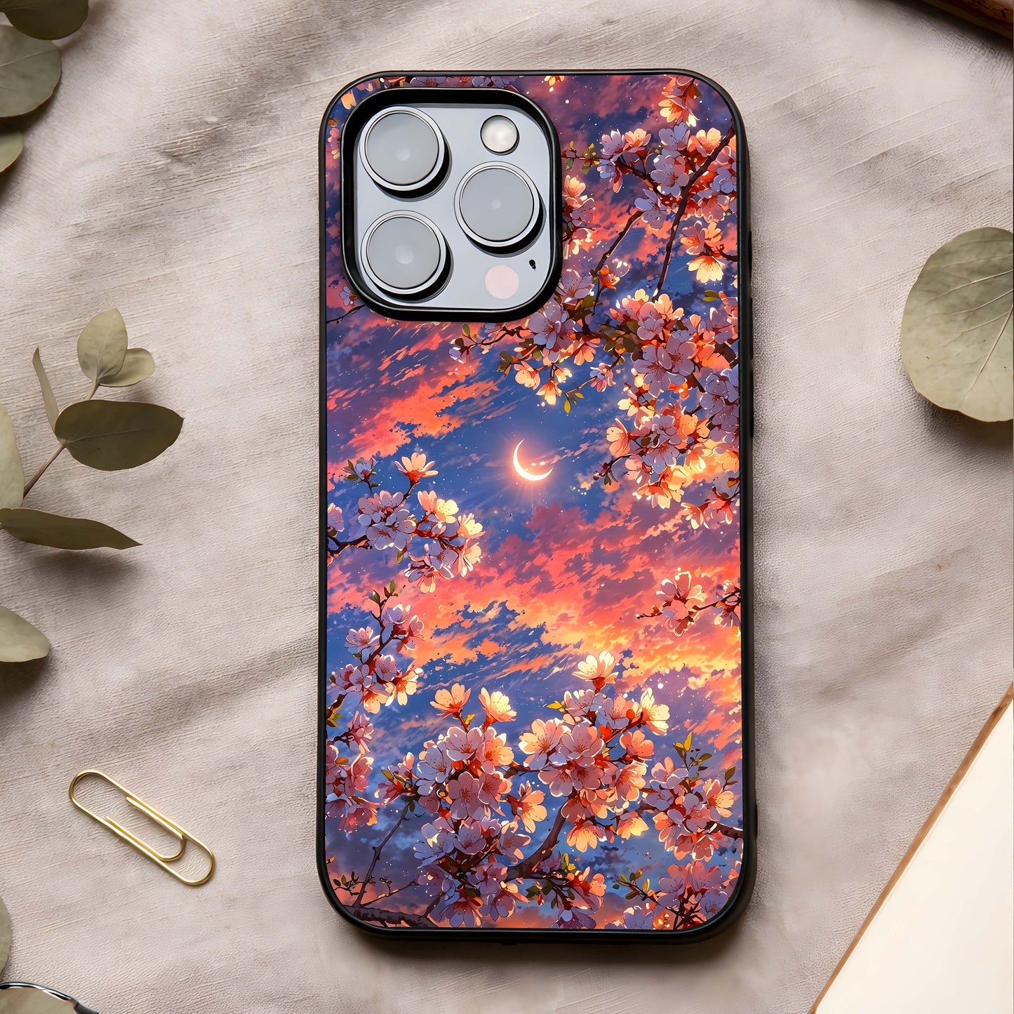 Celestial Sakura Sunset Glass Case showing full back design in clean flat view with sunset sakura tones and glossy glass finish.