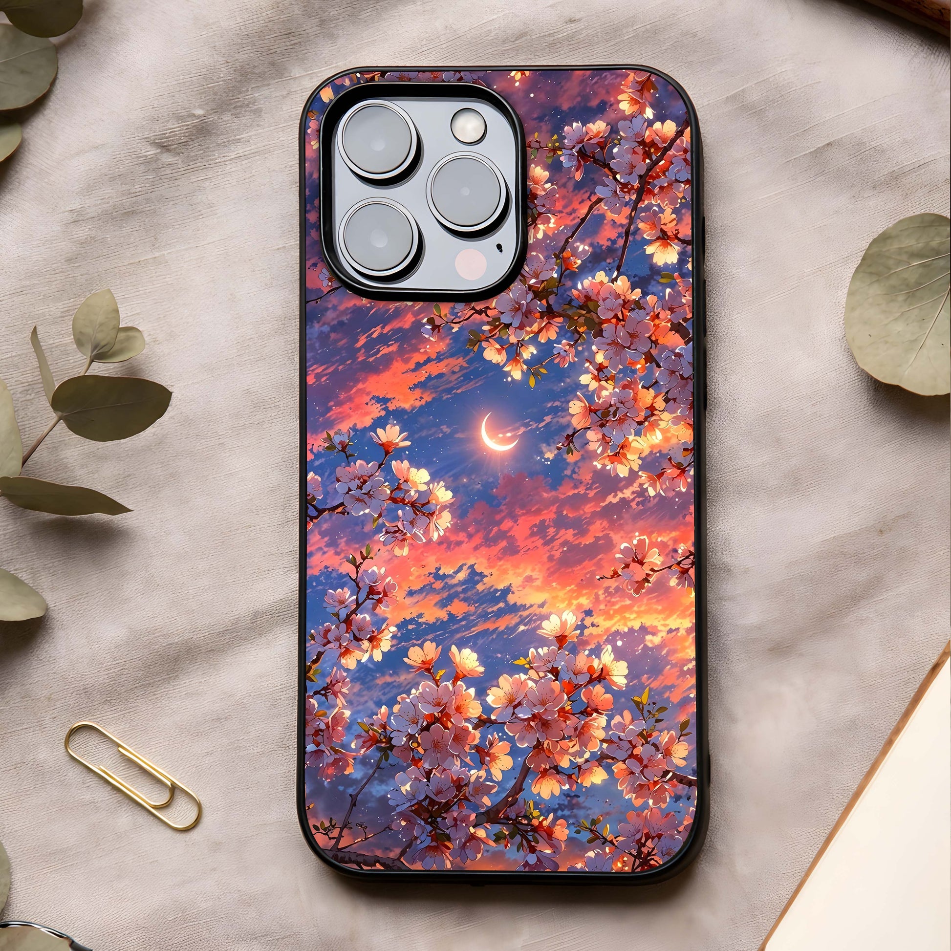 Celestial Sakura Sunset Glass Case showing full back design in clean flat view with sunset sakura tones and glossy glass finish.