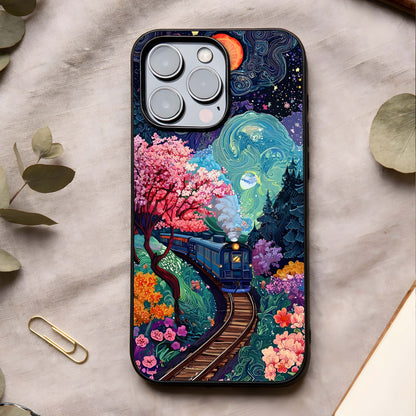 Celestial Train Journey Glass Case showing full back design in clean flat view with scenic travel art and glossy glass finish.