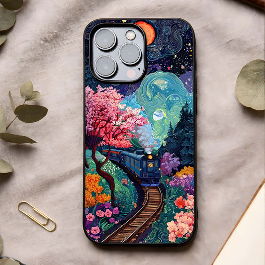 Celestial Train Journey Glass Case showing full back design in clean flat view with scenic travel art and glossy glass finish.