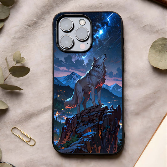 Celestial Wolf Howl Glass Case showing full back design in clean flat view with powerful wolf imagery and glossy glass finish.