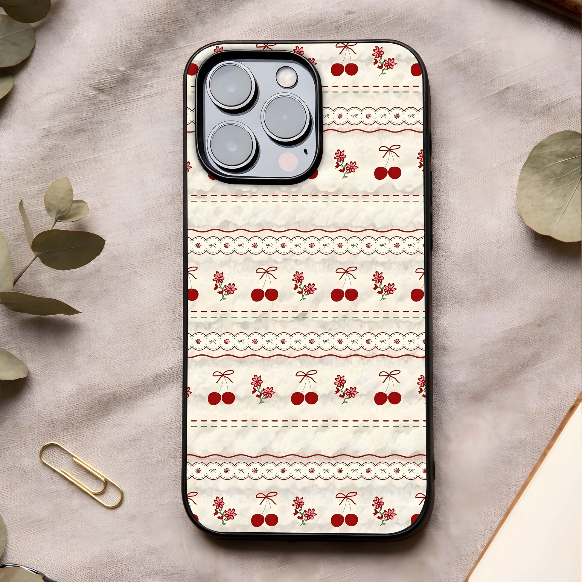Cherry Bloom Charm Glass Case showing full back design in clean flat view with delicate cherry florals and glossy glass finish.