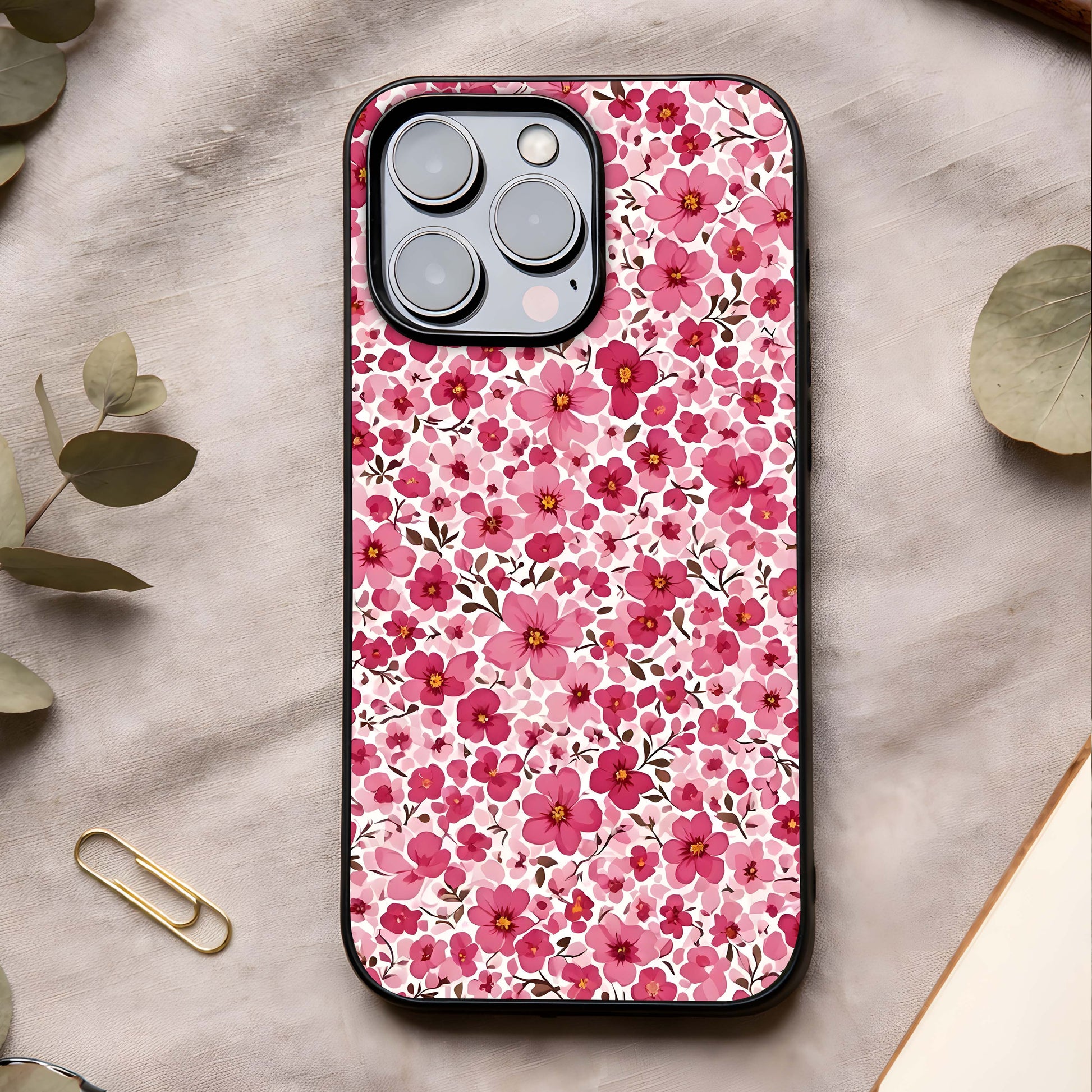 Cherry Blossom Charm Glass Case showing full back design in clean flat view with classic blossom art and glossy glass finish.