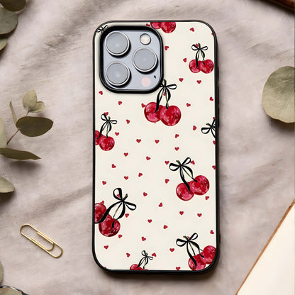 Cherry Heart Bow Glass Case showing full back design in clean flat view with cute heart-bow details and glossy glass finish.