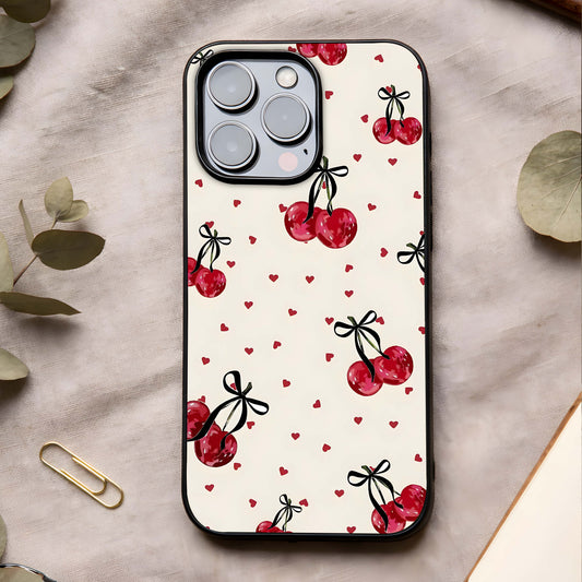 Cherry Heart Bow Glass Case showing full back design in clean flat view with cute heart-bow details and glossy glass finish.