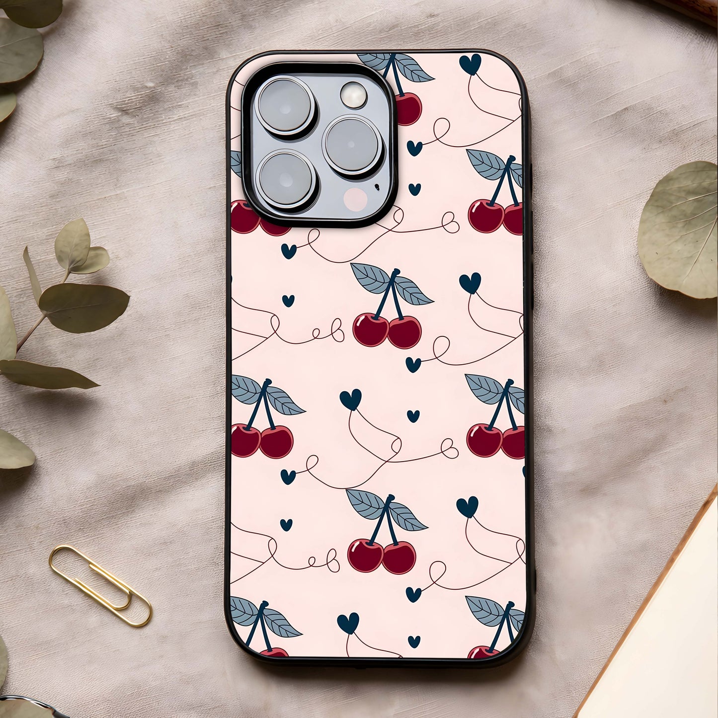 Cherry Heart Line Glass Case showing full back design in clean flat view with minimal heart line art and glossy glass finish.