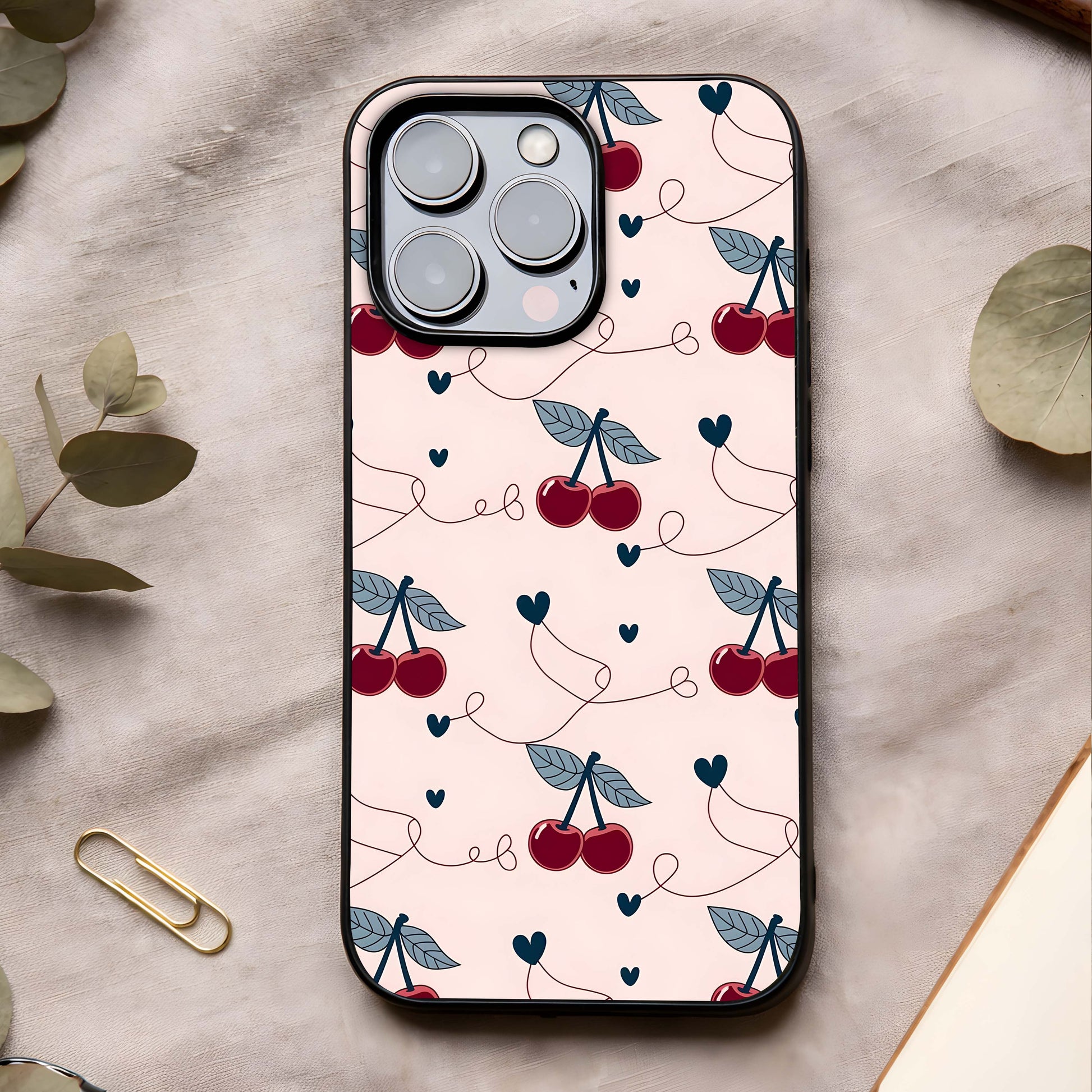 Cherry Heart Line Glass Case showing full back design in clean flat view with minimal heart line art and glossy glass finish.