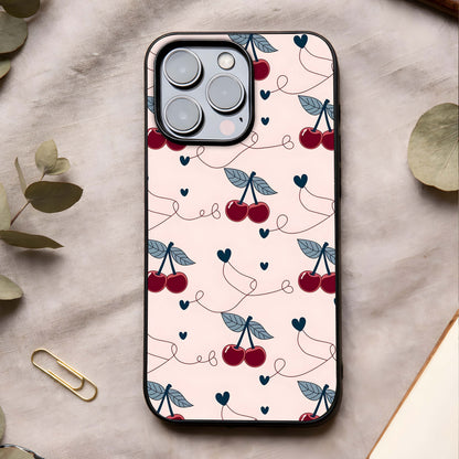 Cherry Heart Line Glass Case showing full back design in clean flat view with minimal heart line art and glossy glass finish.