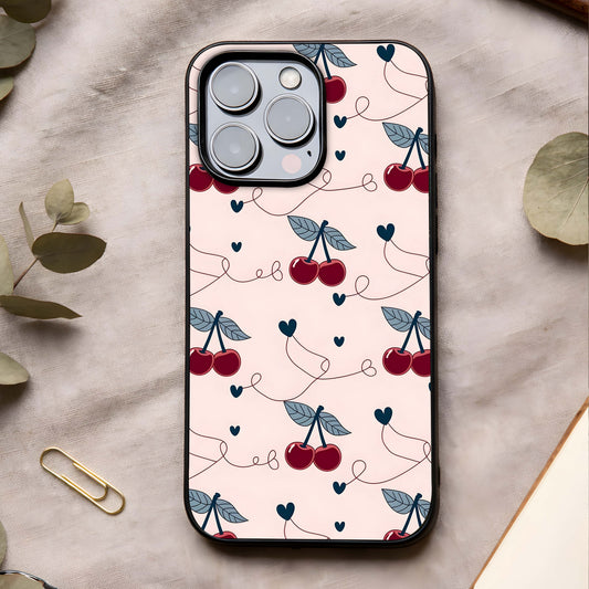Cherry Heart Line Glass Case showing full back design in clean flat view with minimal heart line art and glossy glass finish.