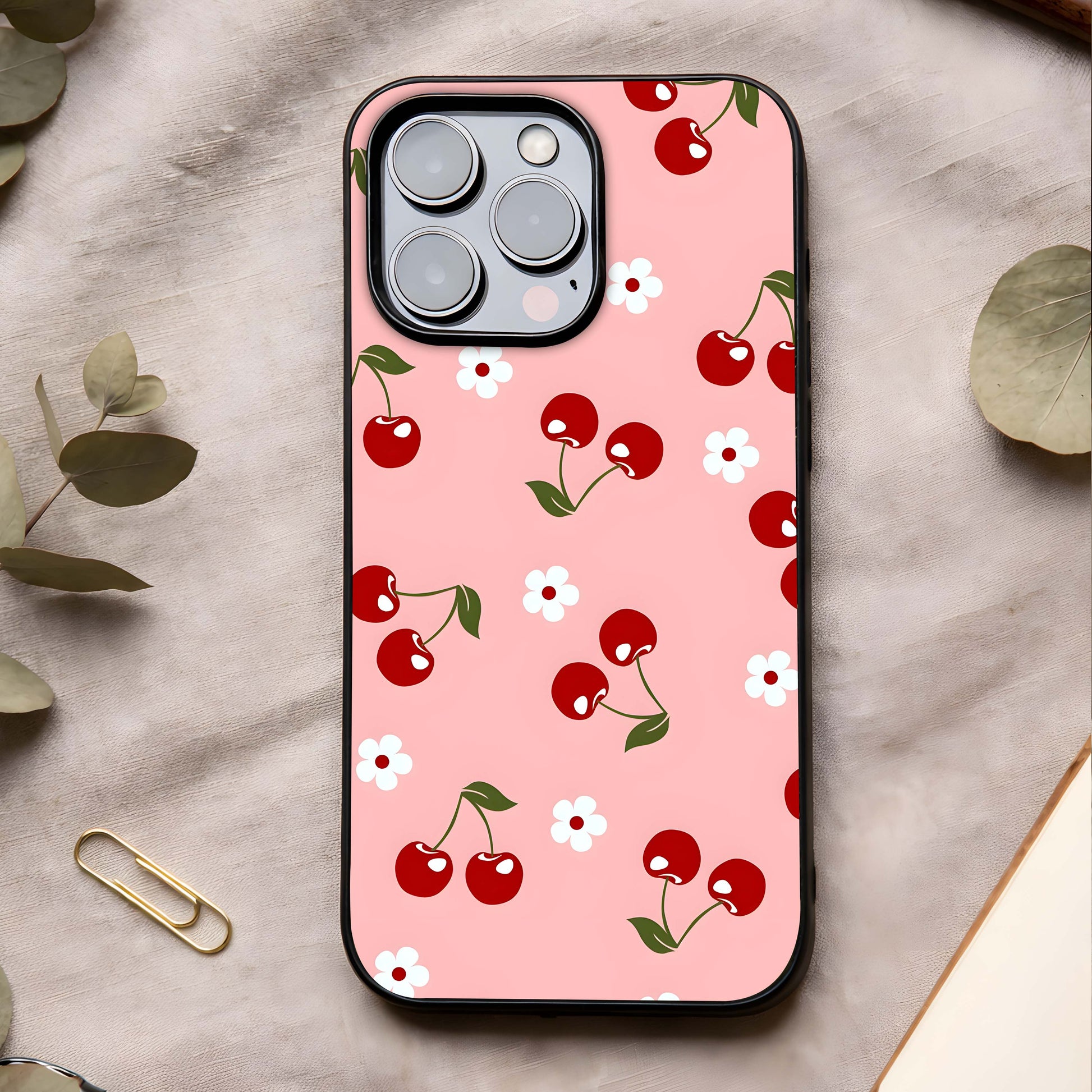 Cherry Love Mood Glass Case showing full back design in clean flat view with romantic tones and glossy glass finish.