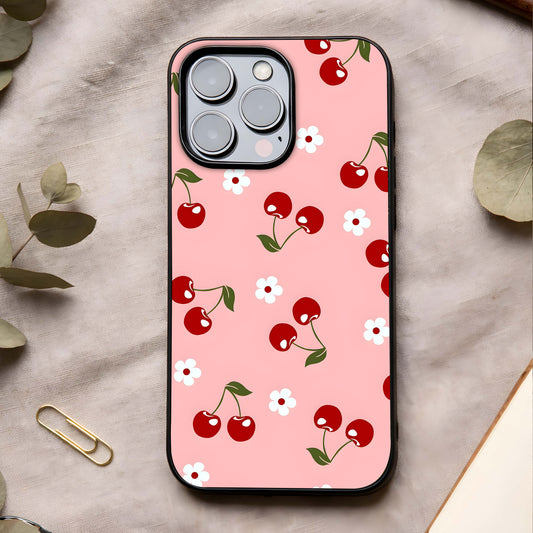 Cherry Love Mood Glass Case showing full back design in clean flat view with romantic tones and glossy glass finish.