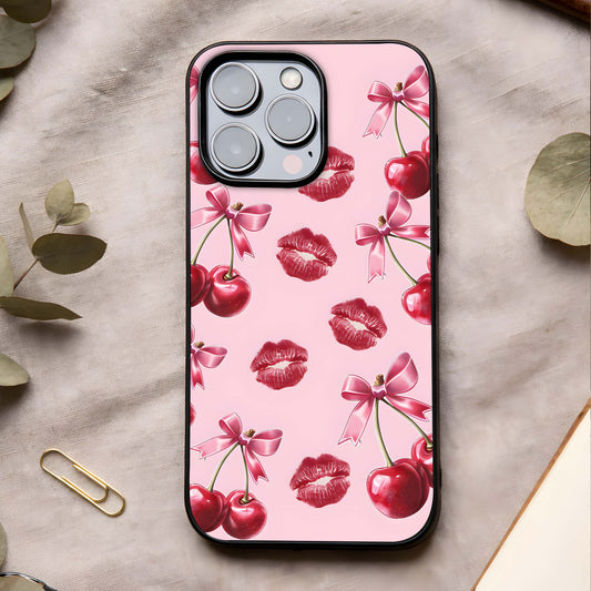Cherry With Lips Glass Case showing full back design in clean flat view with bold pop art and glossy glass finish.