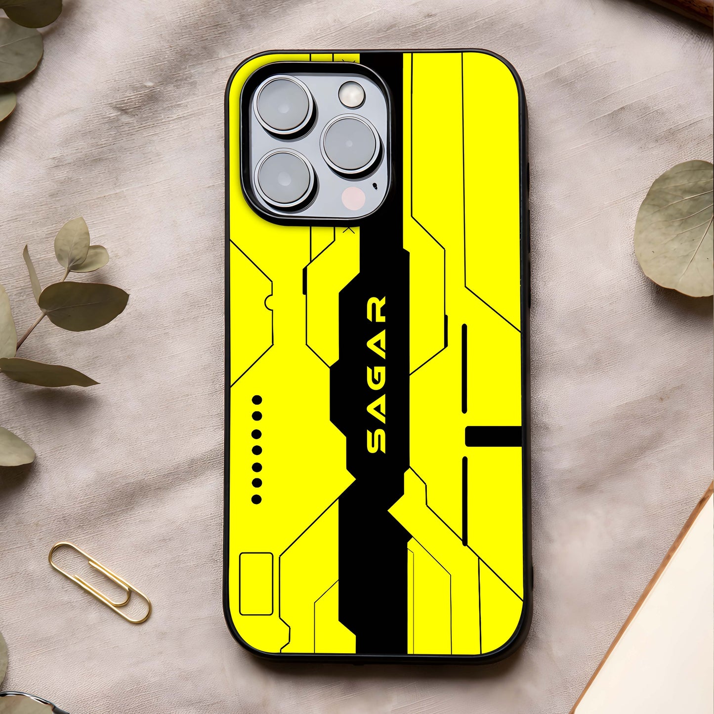 Circuit CYBERPUNK Custom Name Glass Case showing full back design in clean flat view with tech circuit art and glossy glass finish.