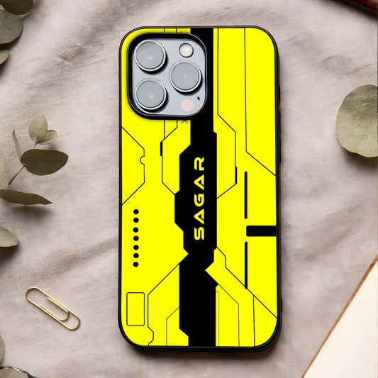 Circuit CYBERPUNK Custom Name Glass Case showing full back design in clean flat view with tech circuit art and glossy glass finish.