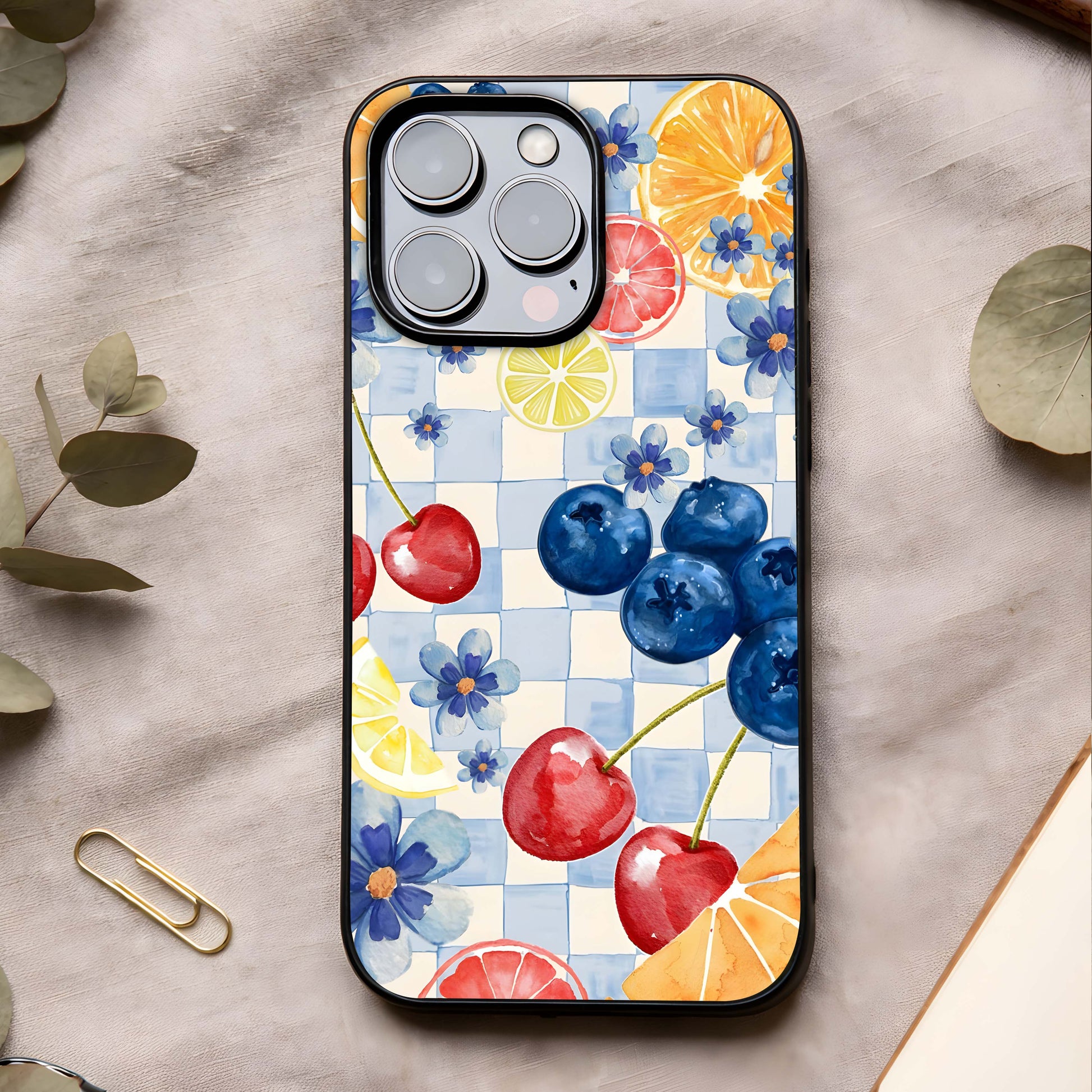 Citrus Bloom Joy Glass Case showing full back design in clean flat view with fresh citrus florals and glossy glass finish.