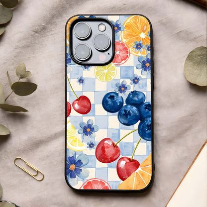 Citrus Bloom Joy Glass Case showing full back design in clean flat view with fresh citrus florals and glossy glass finish.