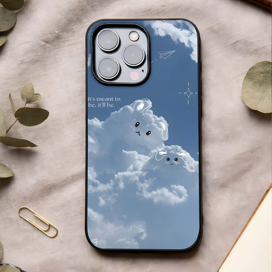 Cloud Bunny Dreams Glass Case showing full back design in clean flat view with cute cloud art and glossy glass finish.