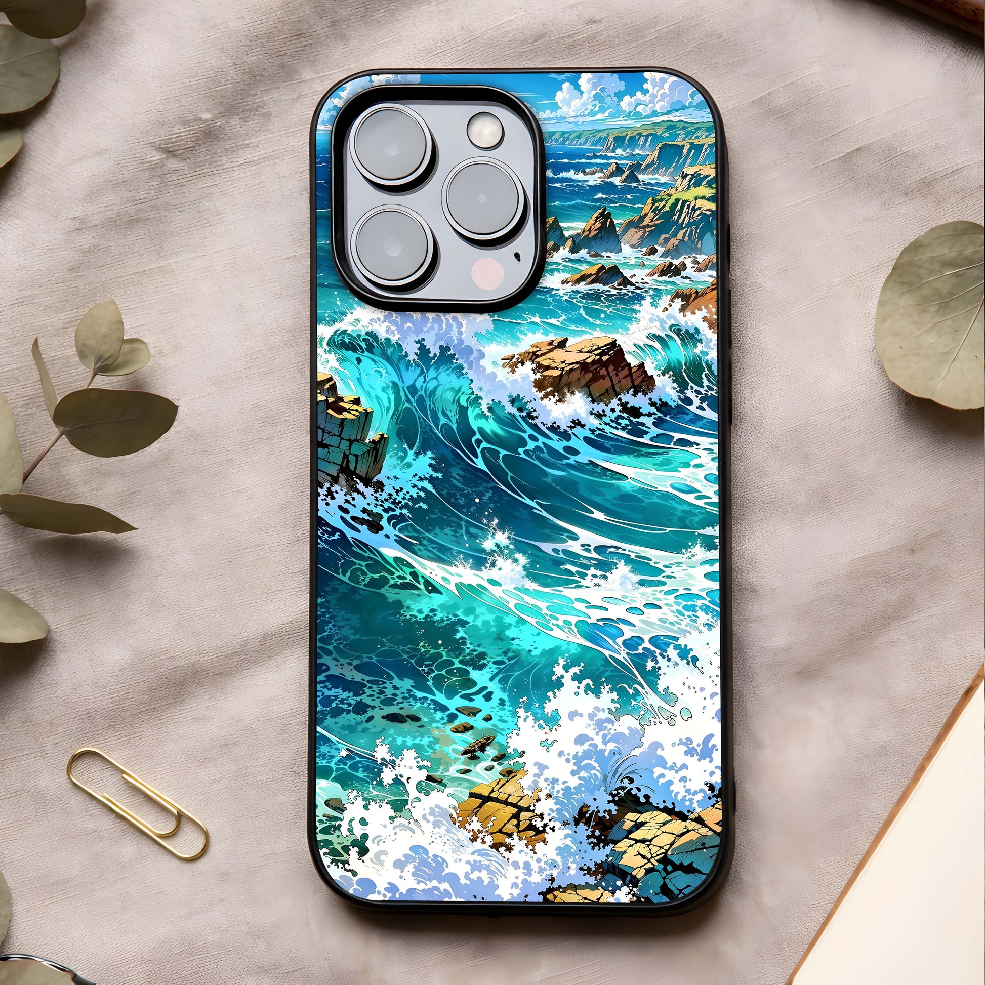 Coastal Blue Waves Glass Case showing full back design in clean flat view with flowing ocean waves and glossy glass finish.
