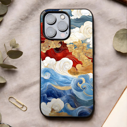 Colored Waves Glass Case showing full back design in clean flat view with flowing multicolor waves and glossy glass finish.