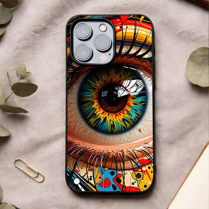 Colorful Eye Glass Case showing full back design in clean flat view with bold eye artwork and glossy glass finish.