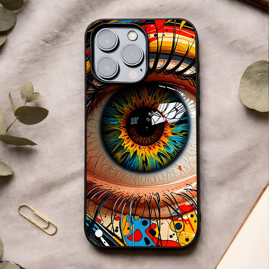 Colorful Eye Glass Case showing full back design in clean flat view with bold eye artwork and glossy glass finish.