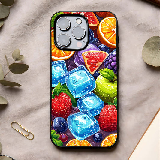 Colorful Fruits with Ice Glass Case showing full back design in clean flat view with fresh fruit visuals and glossy glass finish.