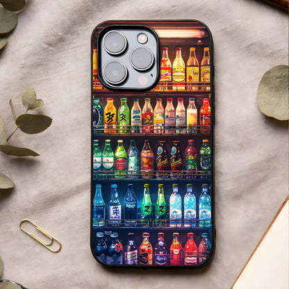 Colorful Soda Bottles Glass Case showing full back design in clean flat view with playful bottle art and glossy glass finish.