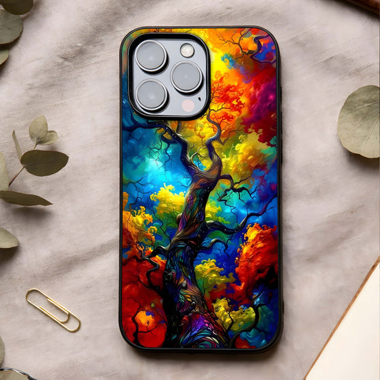 Colorful Tree Glass Case showing full back design in clean flat view with vibrant tree artwork and glossy glass finish.